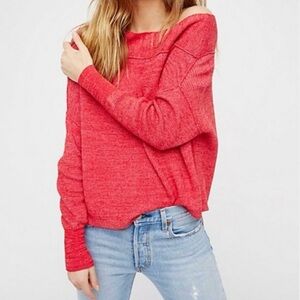 Free People Alana Off-Shoulder Knit Pullover Sweater-Red-Women Size XS